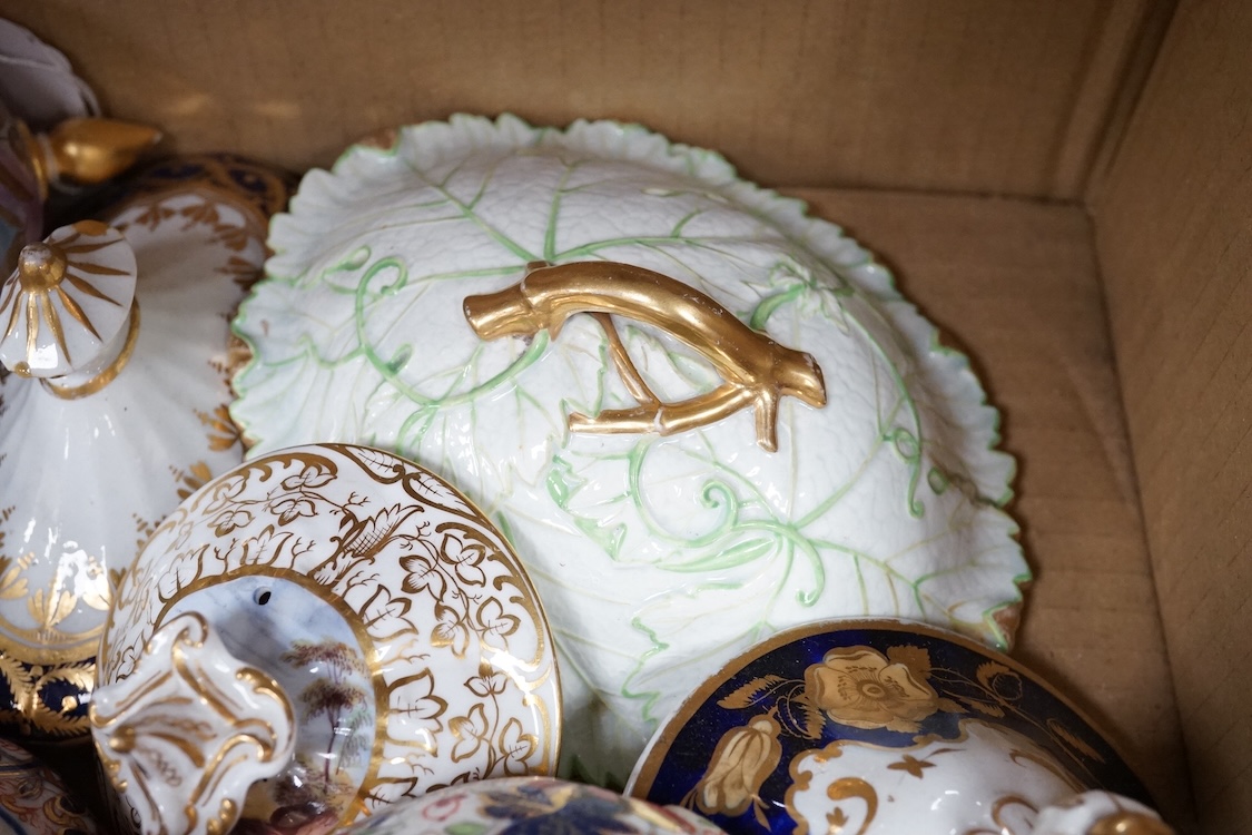 A collection of porcelain tureen and pot covers, largely 19th century
